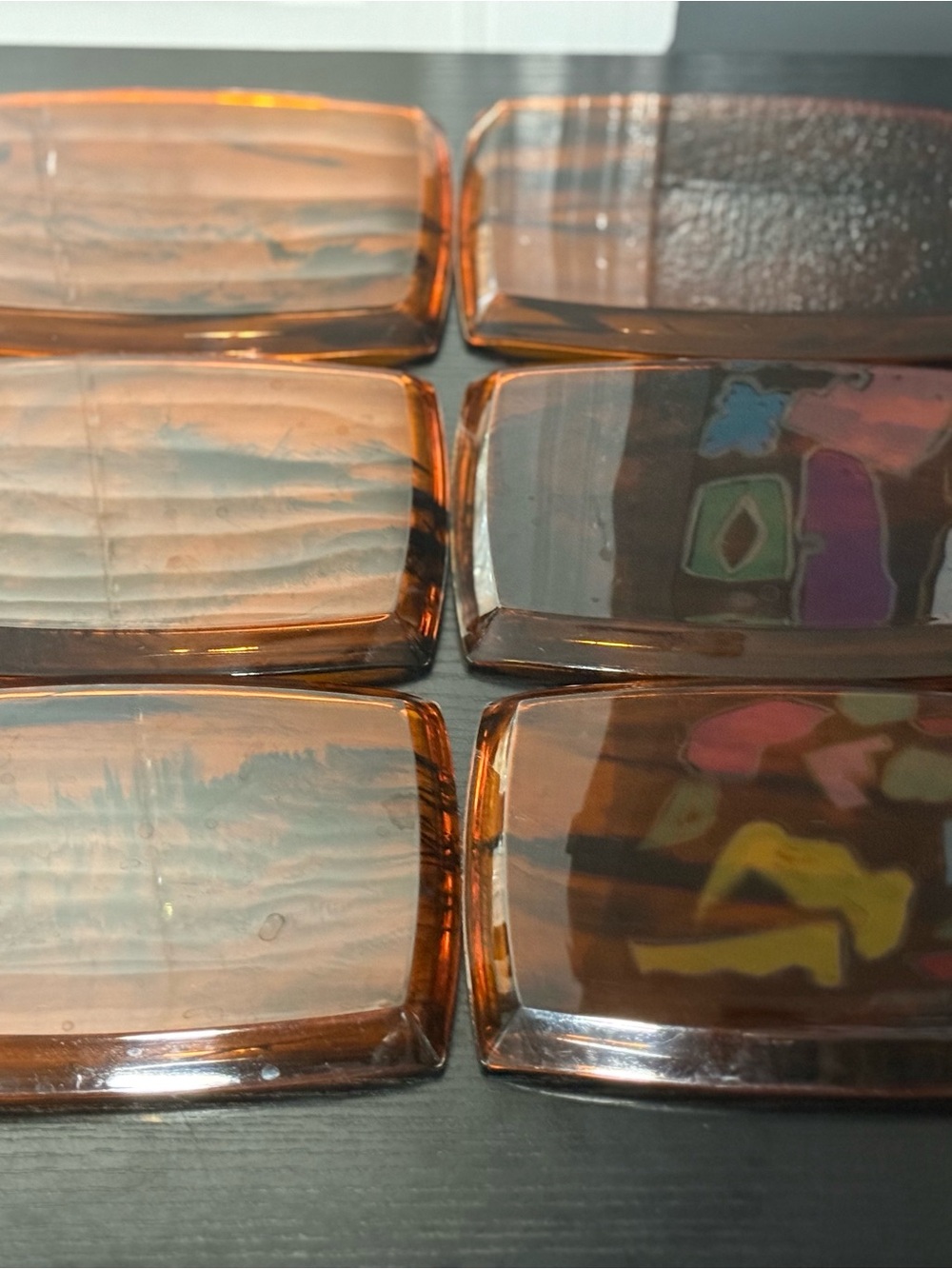 Set of (6) Vintage MCM Marbled Amber Lucite Faux Tortoise Shell Snack Trays - Picture 7 of 9